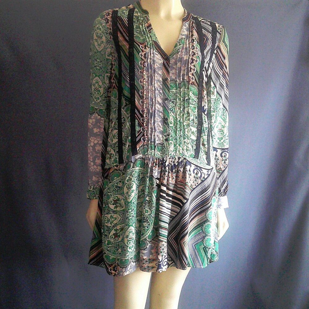 Tiny Anthropologie Drop Waist Pintucked Rayon Caviana Paisley Mini Dress Sm - Picture 2 of 14